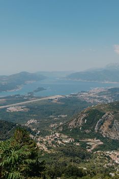 Beautiful nature mountains landscape. Kotor bay, Montenegro. Views of the Boka Bay, with the cities of Kotor and Tivat with the top of the mountain, Montenegro.