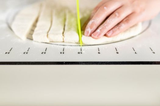 Cutting the rolled dough into equal parts according to the markup, copy space.