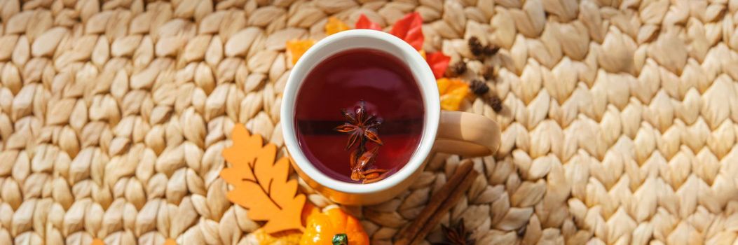 Karkade tea in an orange cup with autumn attributes. The concept of the autumn season, natural colors. Banner red fruit tea.