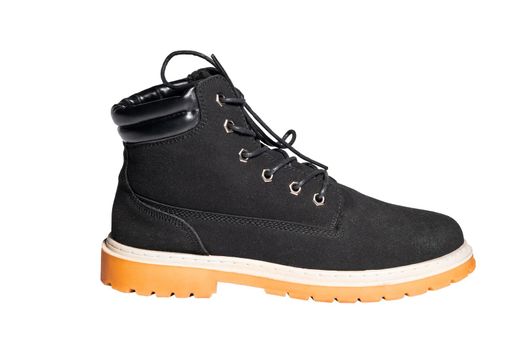 Side view of a black winter shoe with laces and a small soft heel isolated on white.