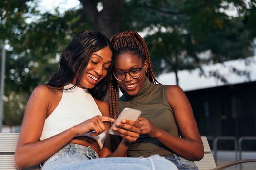two black friends having fun sitting on a park bench looking at a cell phone, concept of youth and communication