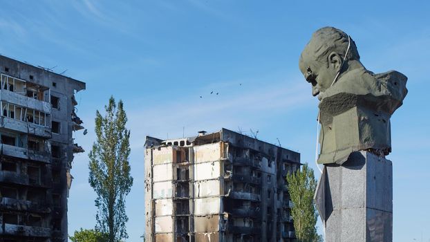 Borodianka, Kyiv region, Ukraine. The monument to Shevchenko was shot by the russian occupiers