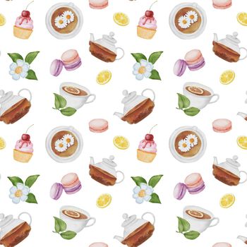 Seamless pattern with Cute watercolor dessert and teapots. Sweets and tea on white. Hand drawn Food and flower