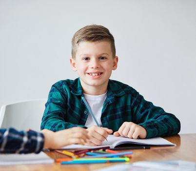 portrait of a boy doing his homework at home