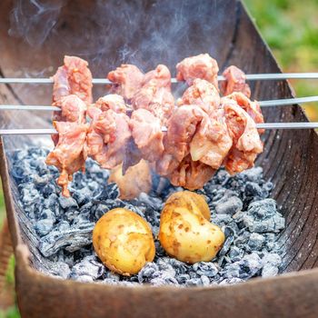 Hands of man prepares barbecue meat with potatoes on skewer by grill on fire outdoors. Concept of lifestyle rustic food preparation