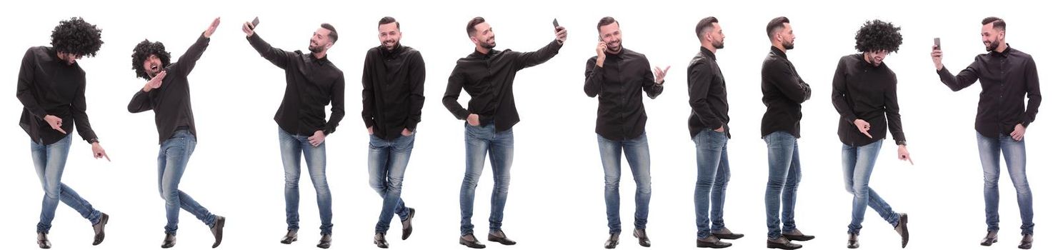photo collage of a modern young man with a smartphone. isolated on a white background