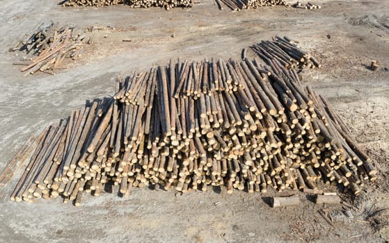 Aerial view of a stacked and processed tree trunks an on outside storage.