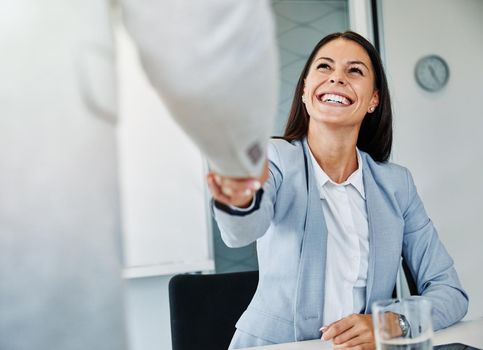 portrait of a young beautiful businesswoman shaking hands introducing each other in the office