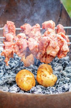 Hands of man prepares barbecue meat with potatoes on skewer by grill on fire outdoors. Concept of lifestyle rustic food preparation