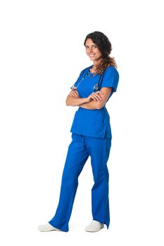 Smiling young woman health care worker standing with arms folded isolated over white background