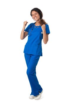 Young female medical nurse healthcare worker in blue uniform holding fists up isolated on white background full length studio portrait