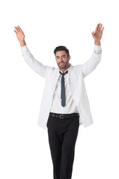 Young male medical doctor with stethoscope with raised arms isolated on white background full length studio portrait