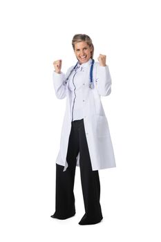 Young female medical doctor with stethoscope holding fists isolated on white background full length studio portrait