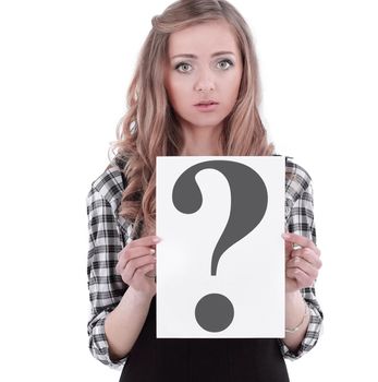 young business woman showing a sheet with a question mark.isolated on white background