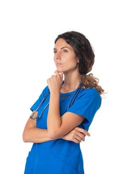Nurse woman isolated on white background thinking an idea while looking up