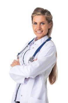 Young doctor woman with arms crossed over isolated white background