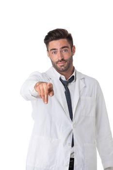 Doctor or medic choosing you by pointing finger to the camera isolated on white background