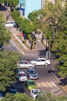 Aerial view of a road intersection in downtown Almaty. Almaty, Kazakhstan - July, 02, 2021