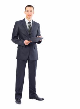 businessman writing on clipboard isolated over white background