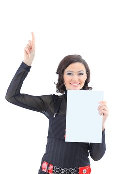 Beatiful business woman with a white banner. Isolated on a white background.