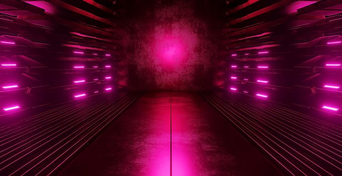 Neon Lights Graphic Glowing Purple Violet Vibrant Virtual Sci Fi Futuristic Tunnel Studio Stage Construction Garage Podium Spaceship Night Dark Concrete Grunge 3D Rendering