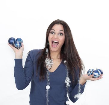 cute young woman with Christmas balls.isolated on a white background.photo with copy space