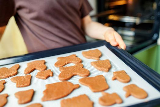Homemade cookies of various shapes on a heat-resistant silicone mat on a baking sheet are going to be baked in the oven. Selective soft focus.