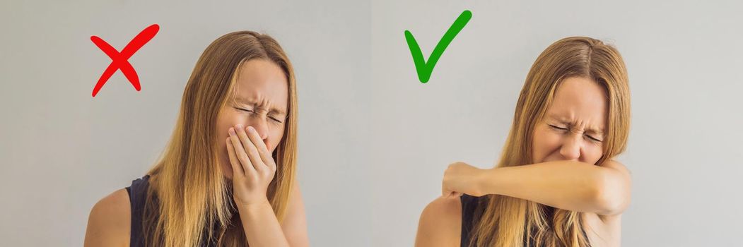 Comparison between wrong and right way to sneeze to prevent virus infection. Caucasian woman sneezing, coughing into her arm or elbow to prevent spread Covid-19,Coronavirus. BANNER, LONG FORMAT