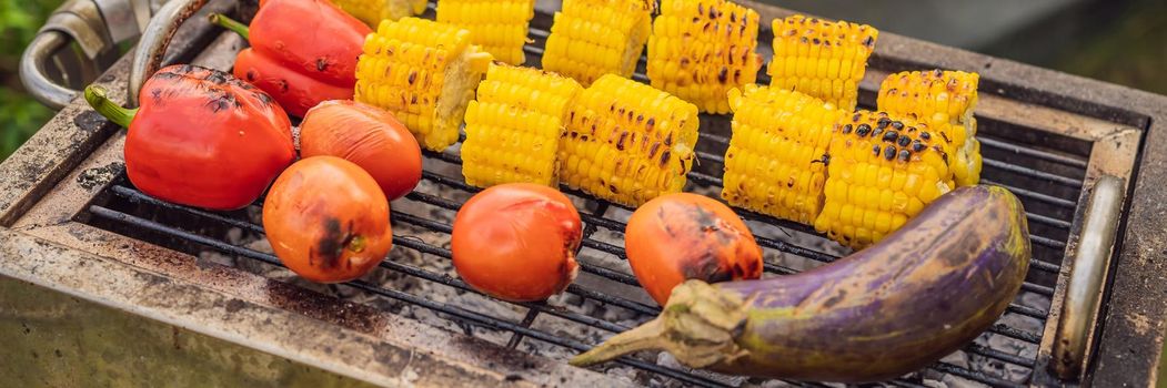 Barbecue vegetables in the backyard. Vegetarian Barbecue. BANNER, LONG FORMAT