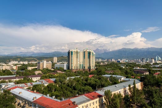View from the roof to the Golden Square district of Almaty city. Almaty, Kazakhstan - July, 02, 2021