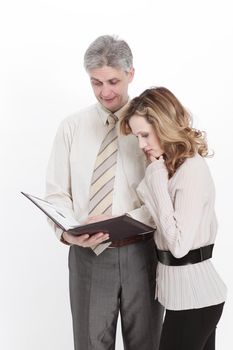 two business colleagues holding a folder with documents.isolated on white background