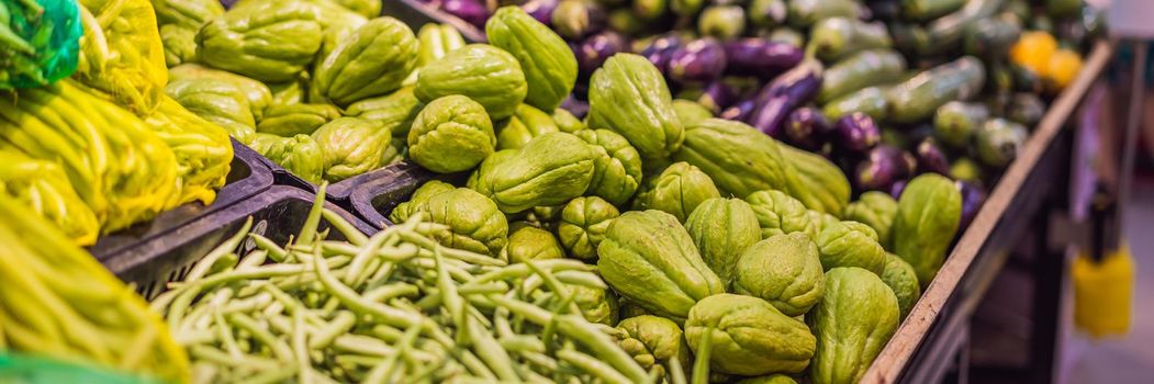 Fresh organic Vegetables and fruits on shelf in supermarket, farmers market. Healthy food. Vitamins and minerals. Tomatoes, capsicum, cucumbers, mushrooms, zucchini, Vegetables, Vegetables fresh. BANNER, LONG FORMAT