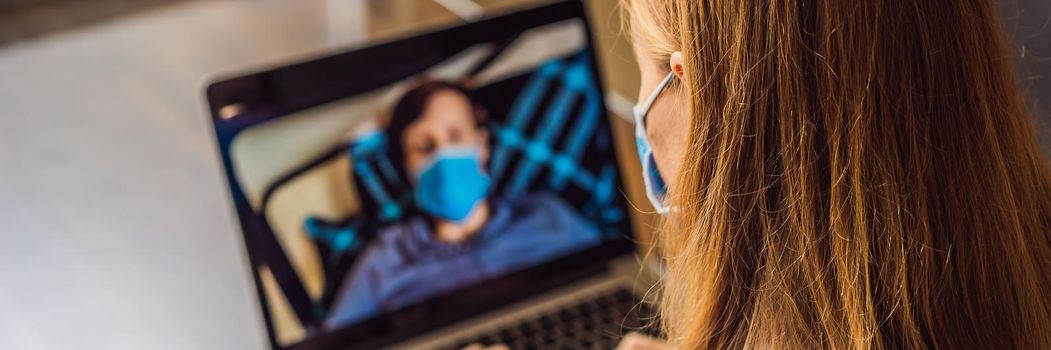 Coronavirus. Woman and man in quarantine for coronavirus wearing protective mask. Working from home and using video call. Video conference. BANNER, LONG FORMAT