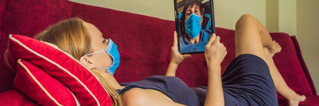 Coronavirus. Woman and man in quarantine for coronavirus wearing protective mask. Working from home and using video call. Video conference. BANNER, LONG FORMAT