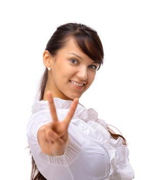 The beautiful business woman shows a symbol on a white background