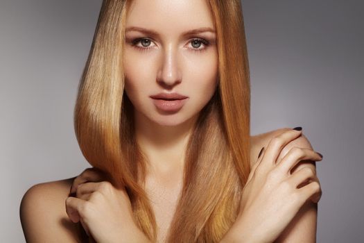 Fashion long hair. Beautiful blond girl,. Healthy straight shiny hair style. Beauty woman model. Shine smooth hairstyle