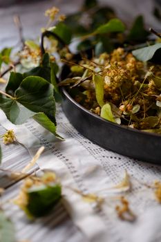 Flowers and leaves of linden tree in tray on white background. Linden flowers have the common use in folk medicine. Selective focus.