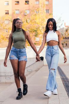 young black female couple strolling holding hands, concept of love and diversity