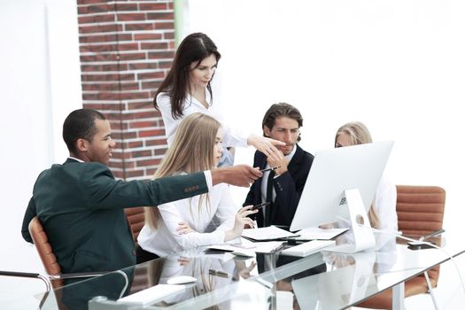 head of business project holds a meeting with the business team. the concept of teamwork
