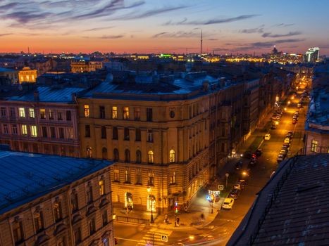 City at sunset. Beautiful evening picturesque summer panorama of St. Petersburg, Russia.