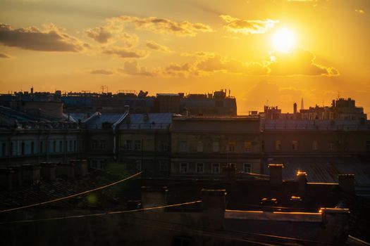 City at sunset. Beautiful evening picturesque summer panorama of St. Petersburg, Russia.