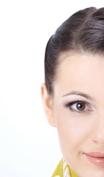 closeup. modern beautiful girl looking up at copy space.isolated on white background