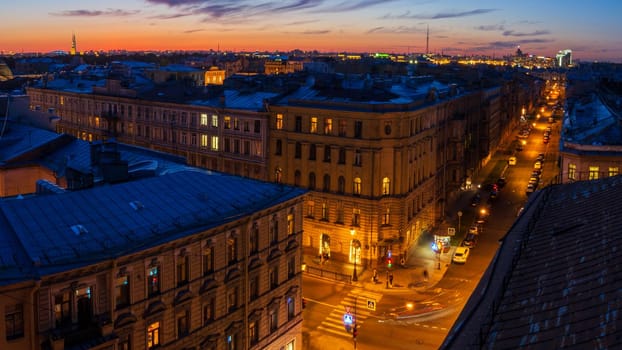 City at sunset. Beautiful evening picturesque summer panorama of St. Petersburg, Russia.