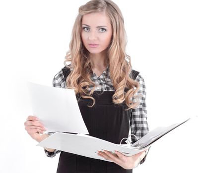 responsible female assistant with documents.isolated on a white background