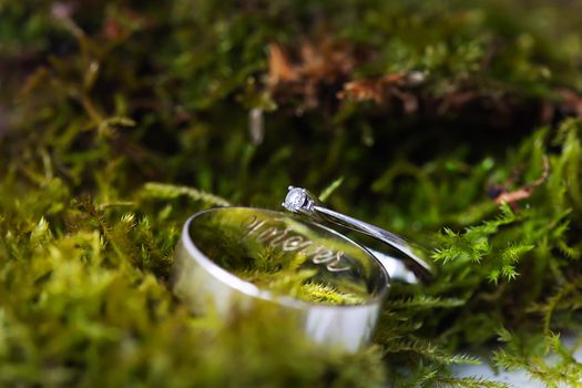 Elegant diamond ring and engagement ring with forever inscription on green moss. Beautiful highlights and sunlight, soft and selective focus. Marriage proposal concept
