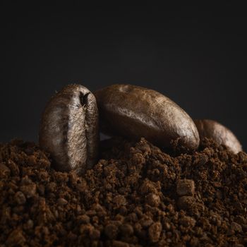 Brown roasted coffee beans, seed on dark background. Espresso dark, aroma, black caffeine drink. Closeup energy mocha, cappuccino ingredient.