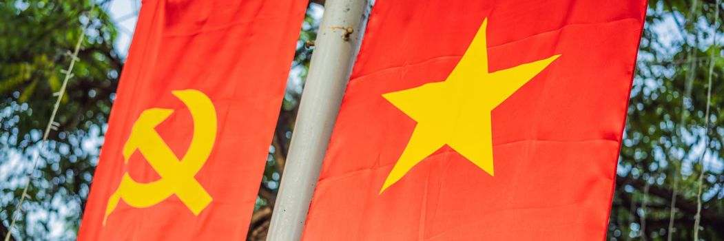 Communist badges on red, sickle, hammer and star USSR, Vietnam, China BANNER, LONG FORMAT