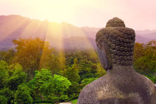 Buddha statue in the morning at Borobudur Temple. Yogyakarta, Central Java, Indonesia.