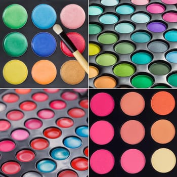 Set of colorful makeup palettes. Makeup background