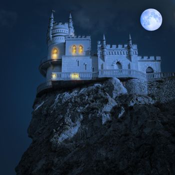 Medieval castle at night. Swallow's Nest, The Crimean Peninsula, Ukraine.